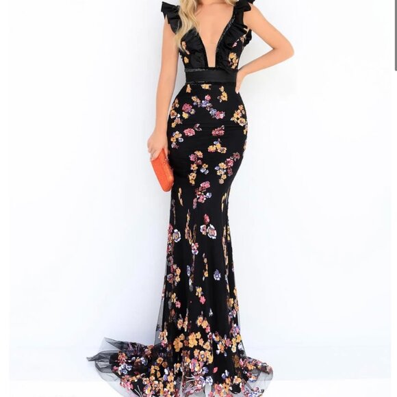 Tarik Ediz - Ruffle Trimmed Floral Sequined Gown - Picture 2 of 9